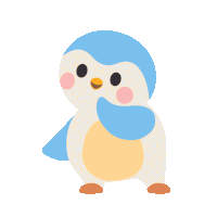 a blue and white penguin with a pink cheek is standing