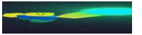 a blue and yellow light is coming out of a blue object on a black background .