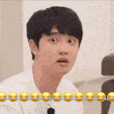 a man with a surprised look on his face is surrounded by laughing emojis