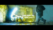 a blurry picture of a man walking in front of a building
