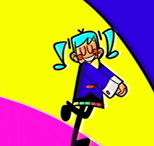 a colorful cartoon character with blue hair and a yellow background