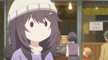 a girl wearing a white hat stands in front of a sign that says " 元祖 "