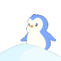 a blue and white penguin holding a red flag on top of a snowy hill