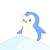a blue and white penguin holding a red flag on top of a snowy hill