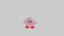 a pink cartoon character with red feet and blue eyes