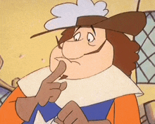 a cartoon man wearing a hat and gloves is making a funny face .