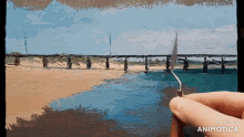 a person is painting a beach scene with the words made in animotica at the bottom