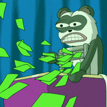 a cartoon of a panda holding a stack of green money
