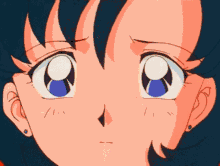 a close up of a cartoon character 's face with blue hair
