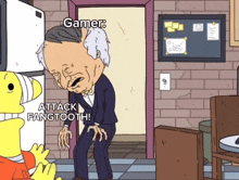 a cartoon of a man with the words gamer attack fangtooth written on the bottom