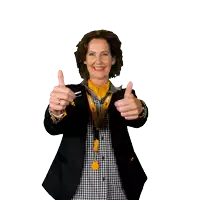 a woman wearing a black jacket and a yellow lanyard with the letter m on it