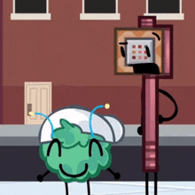 a cartoon character wearing a white hat is standing next to a sign