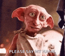 a close up of a dobby from harry potter asking for his name .