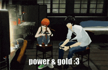 a man and a woman are playing a video game with the words power & gold : 3