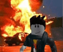 a roblox character is standing in front of a burning car .