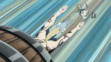 a cartoon of a man with a bird head is falling into a barrel