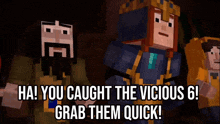 a screenshot of a video game with the words " ha you caught the vicious 6 grab them quick "
