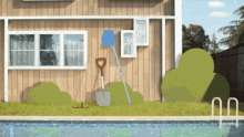 a cartoon drawing of a house with a pool and a shovel