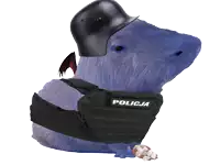 a purple stuffed animal wearing a helmet and a vest that says policja