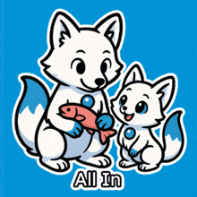 a cartoon of a fox holding a fish and the words all in