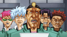 a group of cartoon characters are making funny faces and one of them is wearing glasses