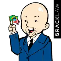 a cartoon of a man in a suit holding two flags with the word racklaw on the bottom