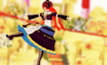 a woman in a colorful dress is dancing in front of a yellow wall .