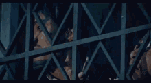 a man with a beard is behind a fence and looking through it .