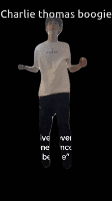 a man in a white shirt is dancing with the words charlie thomas boogie on the bottom