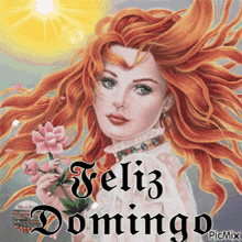 a painting of a woman holding flowers with the words feliz domingo on the bottom