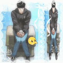 a drawing of a man sitting on a crate with the words daniel 03 written on the bottom