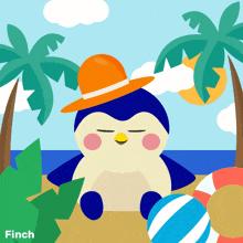 a penguin wearing an orange hat sits on a beach with the word finch below it