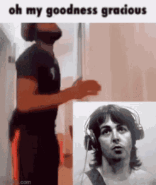 a man wearing headphones is standing next to a picture of a man wearing headphones