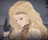 a woman with long blonde hair and a laurel wreath around her head