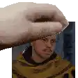 a hand is touching a man 's head in a pixel art .