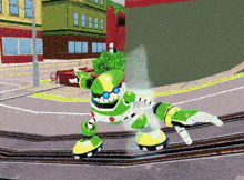 a green and yellow robot is standing on the side of a road