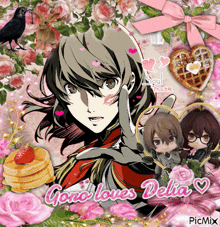 a picture of a girl with the words " goro loves delia "