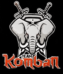 a cartoon elephant with two swords in its mouth .