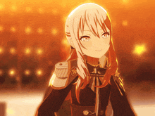 a girl with white hair and red highlights is wearing a military uniform