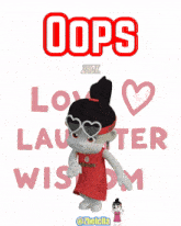 a cartoon girl is wearing a red headband that says oops love laughter wisdom