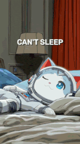 a cat in a space suit laying on a bed with the words " can 't sleep " above it