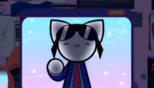 a cartoon cat wearing sunglasses and a tie is on a screen with a x in the corner