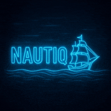 a neon sign with the word nautiq and a ship in the water