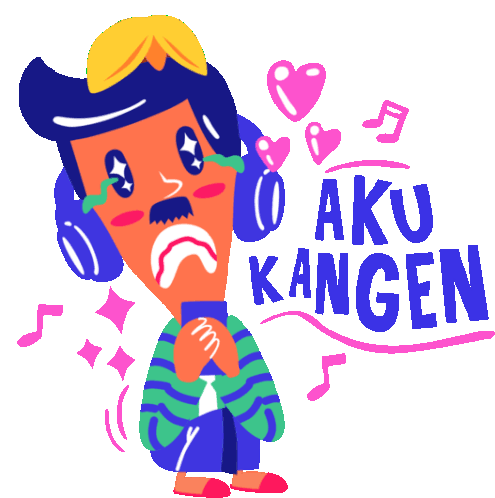 Mas Cries Listening To Music With Caption I Miss You In Indonesian Sticker - Mas Bedjo And Hip Hop Sad Cry Stickers