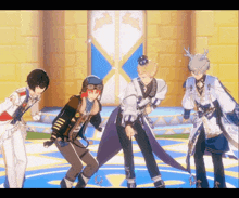 a group of anime characters are dancing in front of a yellow door