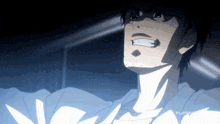 a close up of a man 's face with the word funimation on the bottom