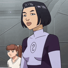 a woman in a purple superhero costume with the number 2 on her chest