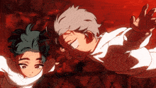 a couple of anime characters are flying through the air with their arms outstretched