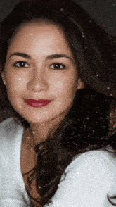 a close up of a woman 's face with sparkles around her