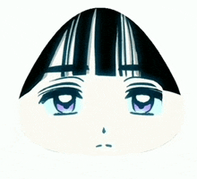 a close up of a person 's face with purple eyes and black hair